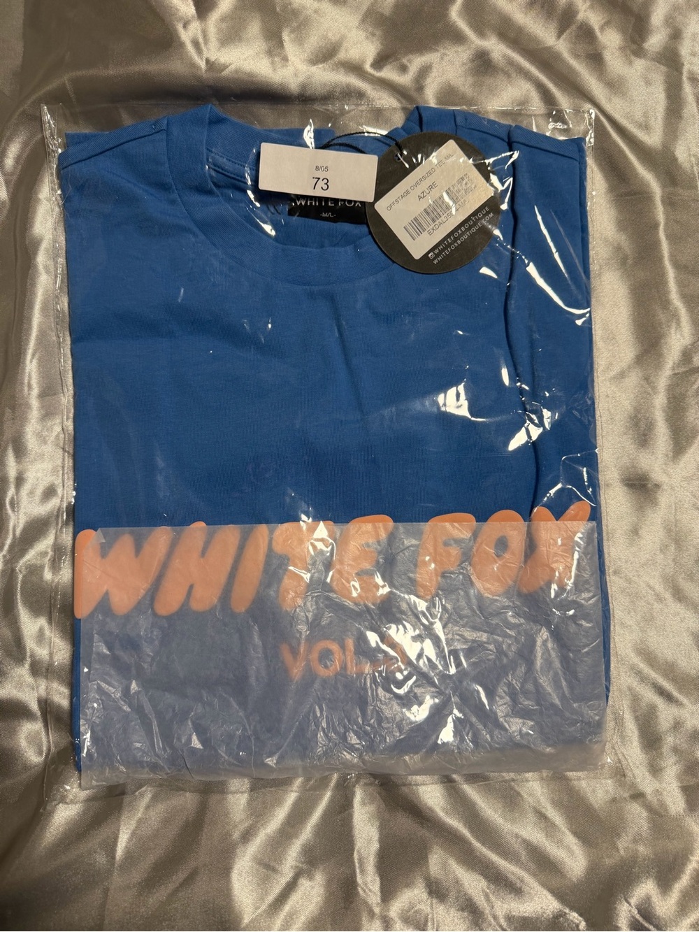 White Fox Boutique Offstage Oversized Tee Azure Blue M/L NWT Puff Logo Shirt